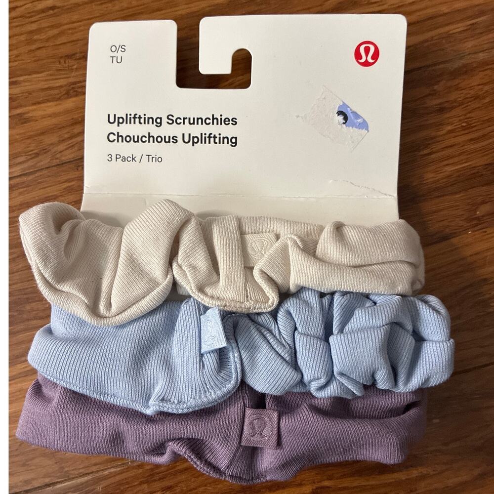 Lululemon Uplifting Scrunchies 3 Pack Hair Ties Bone Blue Purple O/S NWT